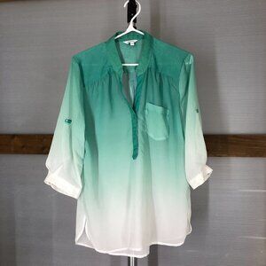 Reitman's‎ Green White Ombre Roll Up Sleeve Sheer Blouse Sz M